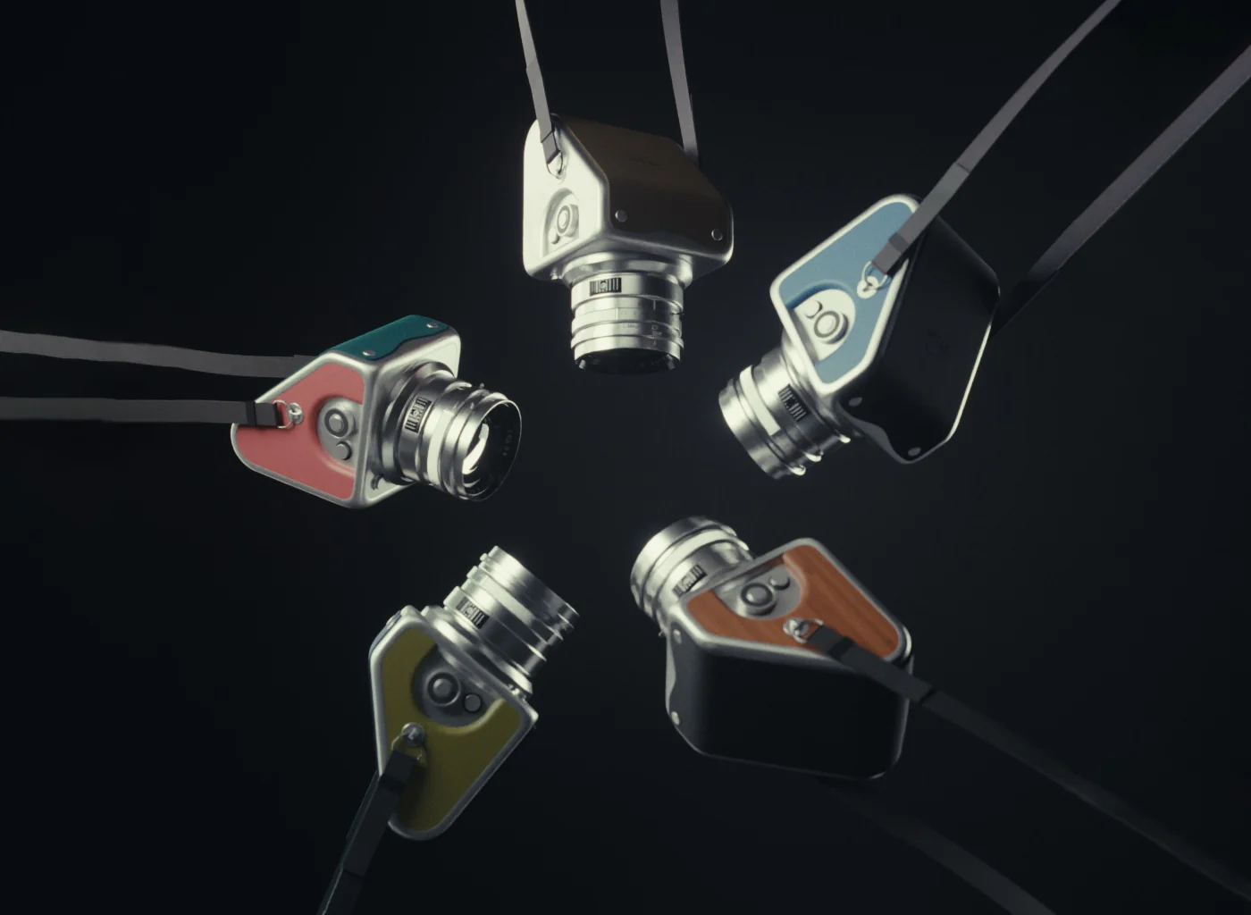 Four colorful OPTAR square-format camera concepts hanging from straps
