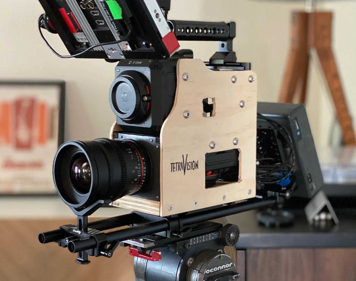 The TetraVision dual-sensor prototype with a wooden camera body and cinema lens